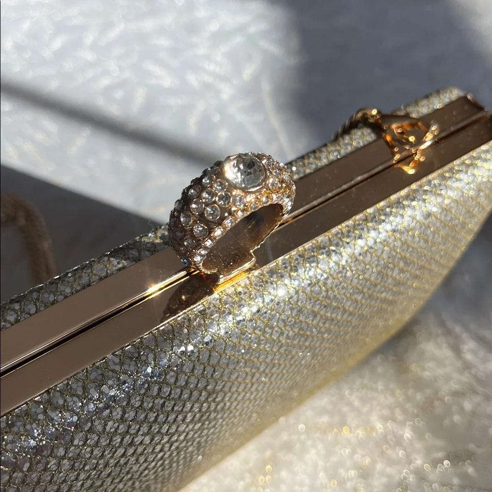 Starlet Gold & Sliver Clutch gold rhinestone ring clasp & Gold chain 8”LX4.5”H